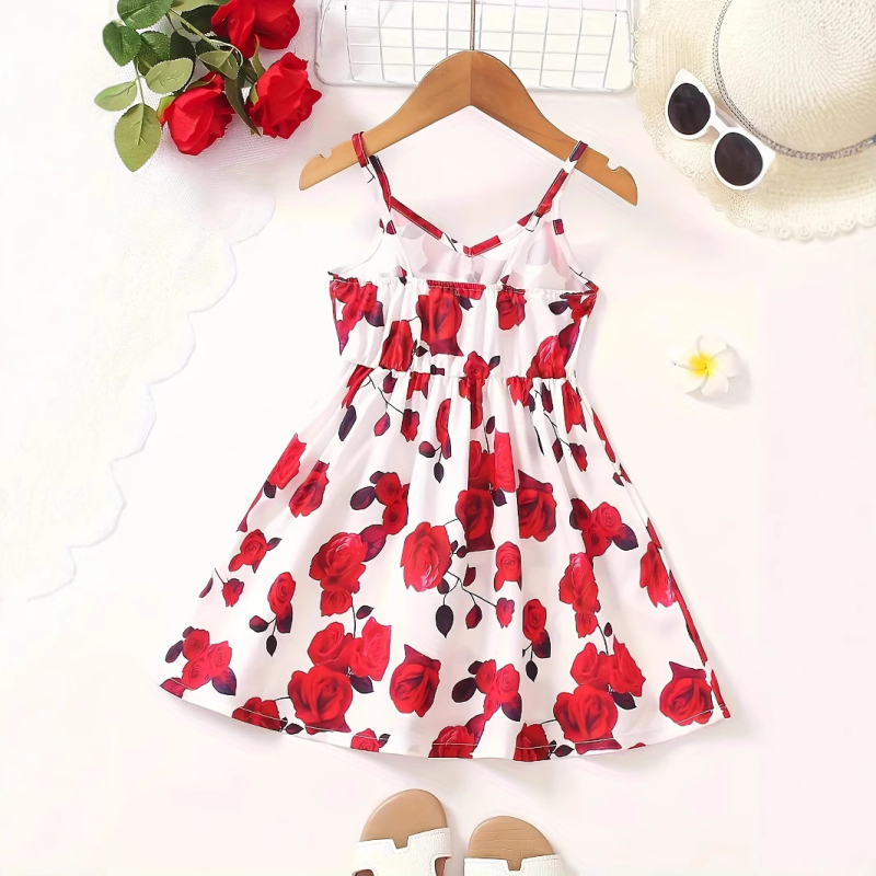 Letné dievčenské šaty Cross-border INS s potlačou ružového kvetu a V-v tvare pása, trendy