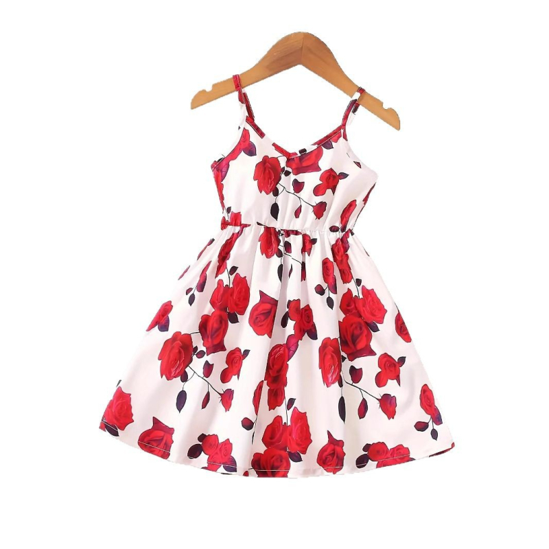 Letné dievčenské šaty Cross-border INS s potlačou ružového kvetu a V-v tvare pása, trendy
