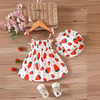 Διασυνοριακό INS Baby Girl Καλοκαιρινό φόρεμα με στάμπα φρούτων και λάστιχο στη μέση, καπέλο, μοντέρνο