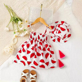 Διασυνοριακό INS Baby Girl Καλοκαιρινό φόρεμα με στάμπα φρούτων και λάστιχο στη μέση, καπέλο, μοντέρνο