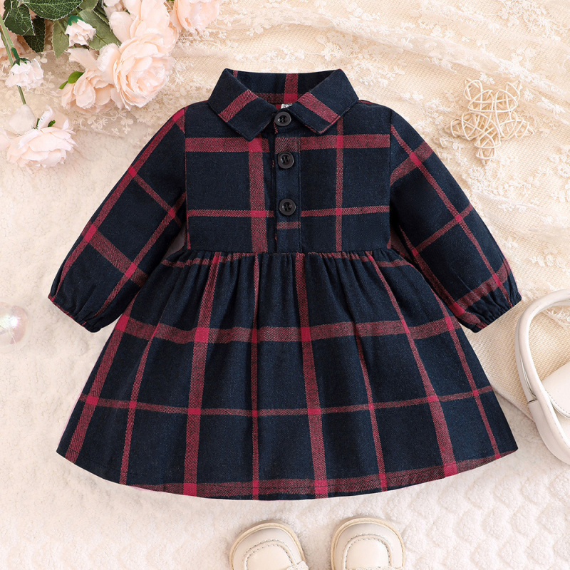 Dievčenské jesenné a zimné tričkové sukne so zimnou potlačou, zimné detské kockované šaty s malými klopami, zimné šaty pre dievčatá
