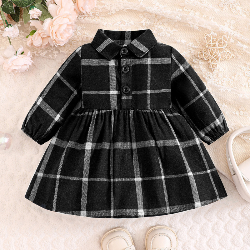 Dievčenské jesenné a zimné tričkové sukne so zimnou potlačou, zimné detské kockované šaty s malými klopami, zimné šaty pre dievčatá
