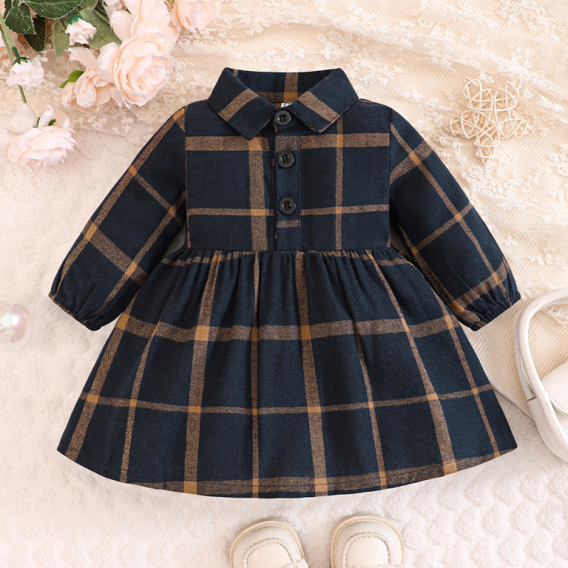Dievčenské jesenné a zimné tričkové sukne so zimnou potlačou, zimné detské kockované šaty s malými klopami, zimné šaty pre dievčatá
