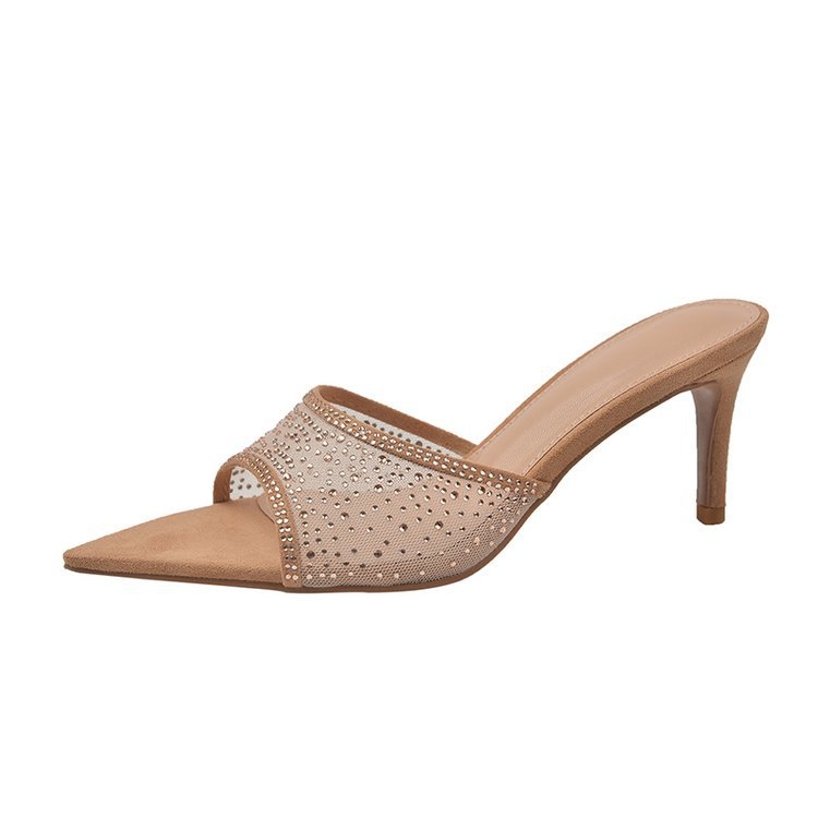 2024 m. naujo stiliaus atviros nosies smailios tinklelio Rhinestone šlepetės moteriškos vasaros viršutiniai drabužiai elegantiški aukštakulniai basutės moterims