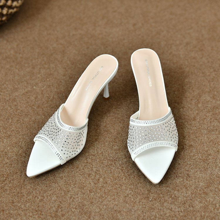 2024 m. naujo stiliaus atviros nosies smailios tinklelio Rhinestone šlepetės moteriškos vasaros viršutiniai drabužiai elegantiški aukštakulniai basutės moterims