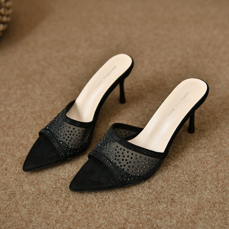 2024 m. naujo stiliaus atviros nosies smailios tinklelio Rhinestone šlepetės moteriškos vasaros viršutiniai drabužiai elegantiški aukštakulniai basutės moterims