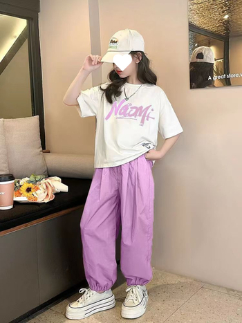 Letná súprava tenkých deväťbodových nohavíc pre dievčatá 2024, nová, stredne veľká a veľká detská súprava s písmenkovým topom a háremovými nohavicami