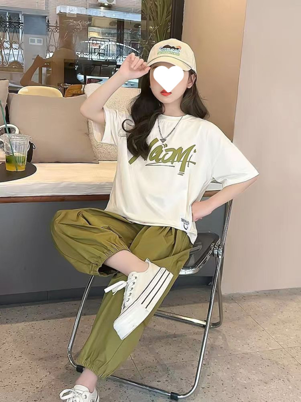 Letná súprava tenkých deväťbodových nohavíc pre dievčatá 2024, nová, stredne veľká a veľká detská súprava s písmenkovým topom a háremovými nohavicami