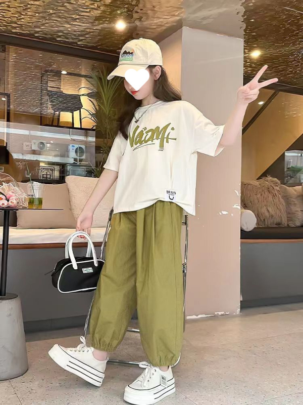 Letná súprava tenkých deväťbodových nohavíc pre dievčatá 2024, nová, stredne veľká a veľká detská súprava s písmenkovým topom a háremovými nohavicami