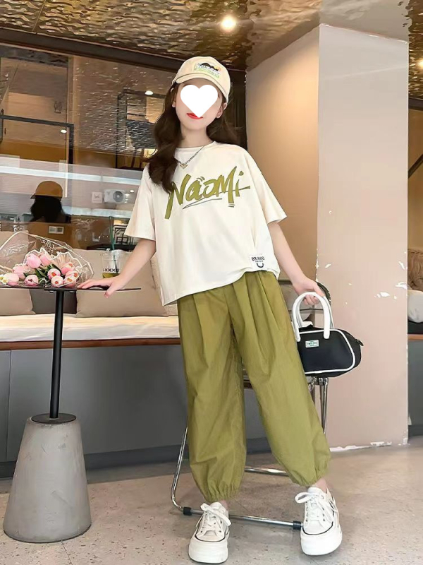 Letná súprava tenkých deväťbodových nohavíc pre dievčatá 2024, nová, stredne veľká a veľká detská súprava s písmenkovým topom a háremovými nohavicami