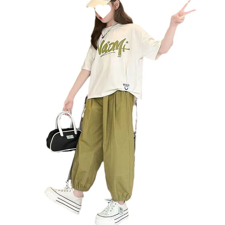 Letná súprava tenkých deväťbodových nohavíc pre dievčatá 2024, nová, stredne veľká a veľká detská súprava s písmenkovým topom a háremovými nohavicami