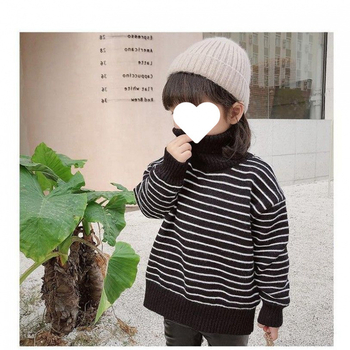 Djevojački pulover s flis podstavom, zadebljani, jesenski i zimski, dječji visoki ovratnik, prugasti topli top, pletena osnovna majica, dječja zimska moda