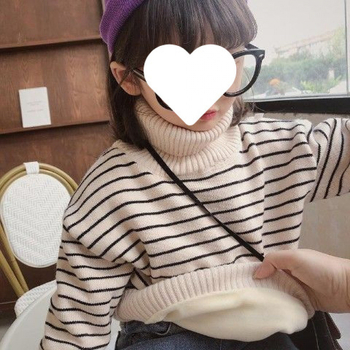 Djevojački pulover s flis podstavom, zadebljani, jesenski i zimski, dječji visoki ovratnik, prugasti topli top, pletena osnovna majica, dječja zimska moda