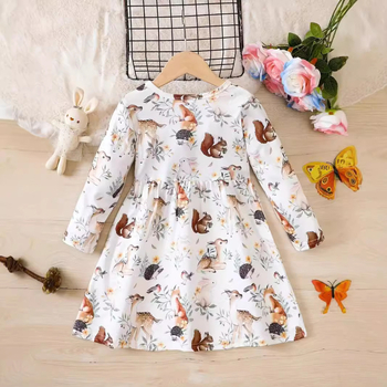 Φόρεμα με σχέδιο ζώων και στρογγυλή λαιμόκοψη, μακριά μανίκια, σε στυλ πριγκίπισσας για κορίτσια στο εξωτερικό