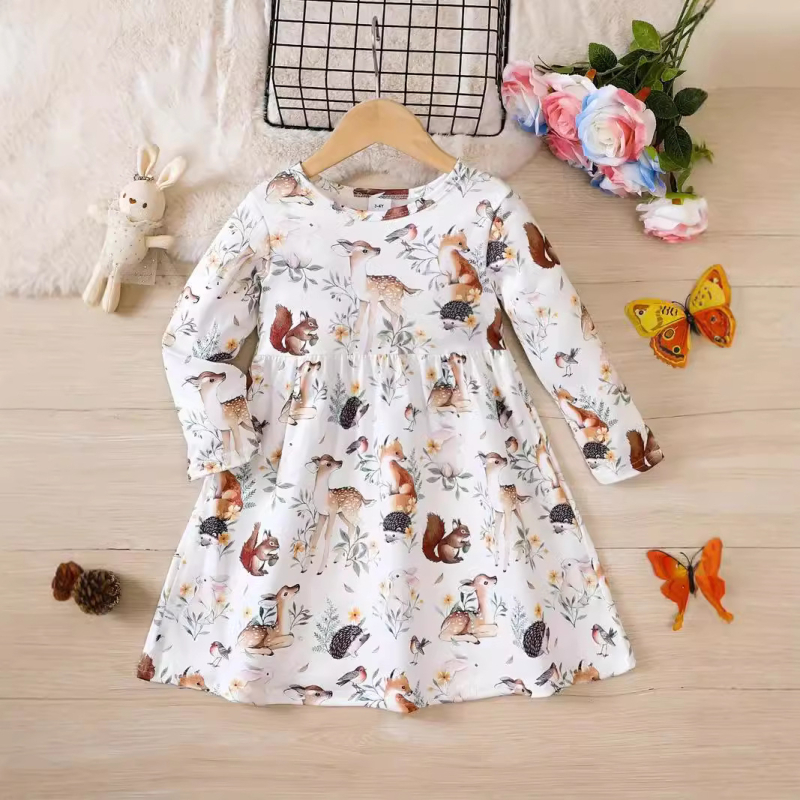 Dievčenské šaty s potlačou zvierat a okrúhlym výstrihom, dlhým rukávom a princeznovským štýlom, s potlačou karikatúr a zvieratami, Amazon Foreign Trade Ins