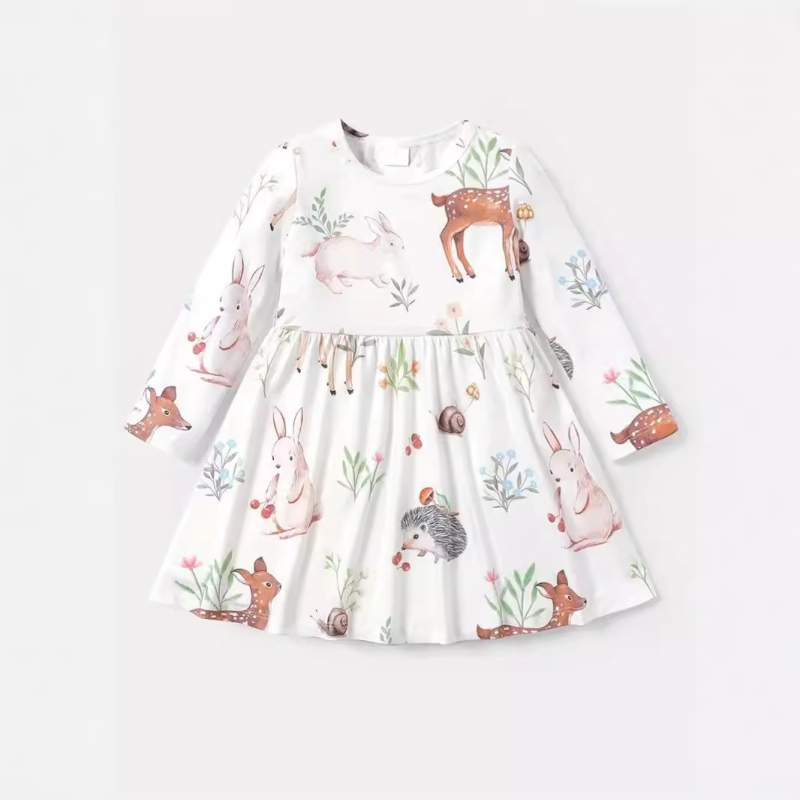 Dievčenské šaty s potlačou zvierat a okrúhlym výstrihom, dlhým rukávom a princeznovským štýlom, s potlačou karikatúr a zvieratami, Amazon Foreign Trade Ins