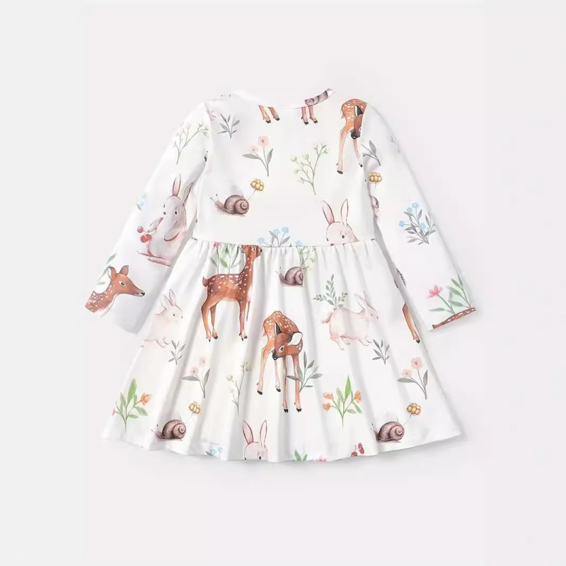 Dievčenské šaty s potlačou zvierat a okrúhlym výstrihom, dlhým rukávom a princeznovským štýlom, s potlačou karikatúr a zvieratami, Amazon Foreign Trade Ins