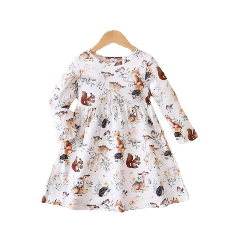 Dievčenské šaty s potlačou zvierat a okrúhlym výstrihom, dlhým rukávom a princeznovským štýlom, s potlačou karikatúr a zvieratami, Amazon Foreign Trade Ins