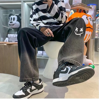 Američke ulične hlače High Street ins Trendi muške Smiley Graffiti Retro traperice Široke ravne hlače Jesen i zima