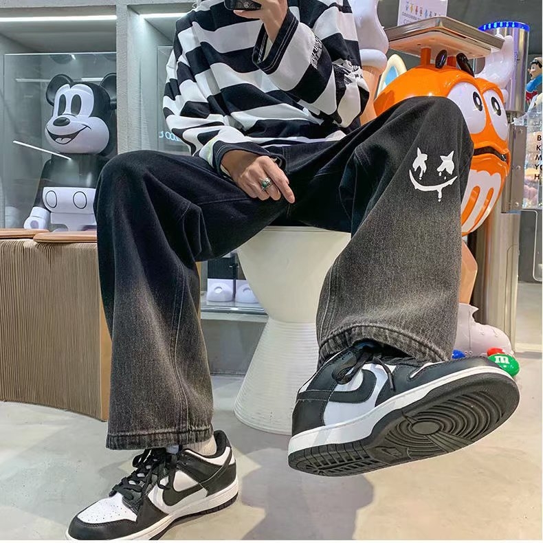 Američke ulične hlače High Street ins Trendi muške Smiley Graffiti Retro traperice Široke ravne hlače Jesen i zima