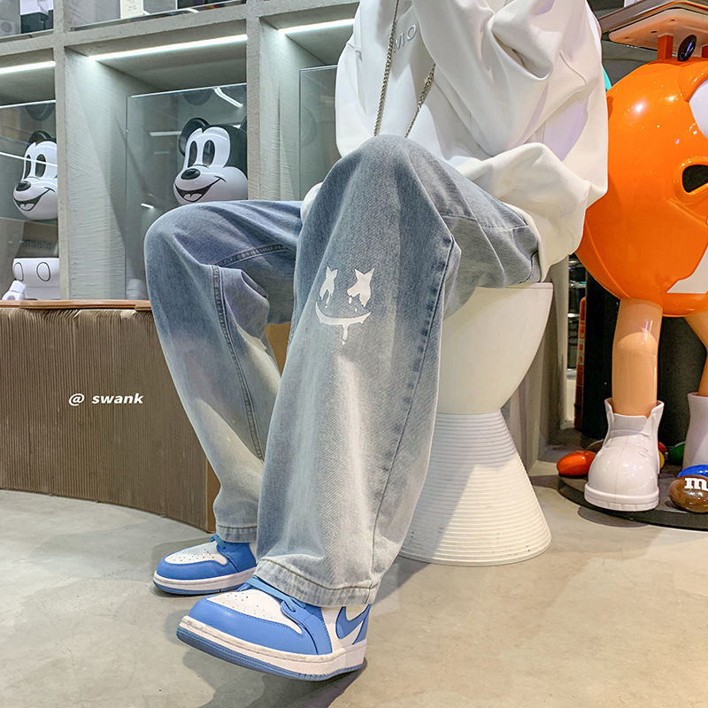 Američke ulične hlače High Street ins Trendi muške Smiley Graffiti Retro traperice Široke ravne hlače Jesen i zima