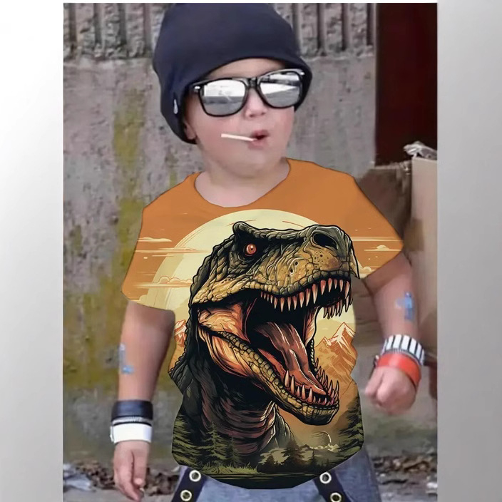 1 x laste Tyrannosaurus Rex 3D-prindiga T-särk, polüester ümara kaelusega T-särk, moodne kirjamuster