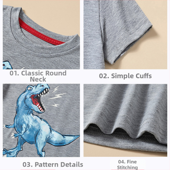 Európske a americké detské oblečenie Chlapčenské topy 2025 Letné nové chlapčenské potlačené sivé tričká s krátkym rukávom a kreslenými motívmi, veľkoobchodná výroba