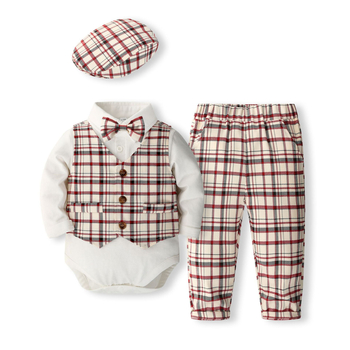 Haljina za bebu za jednu godinu, karirani prsluk, hlače, jednodijelni šešir