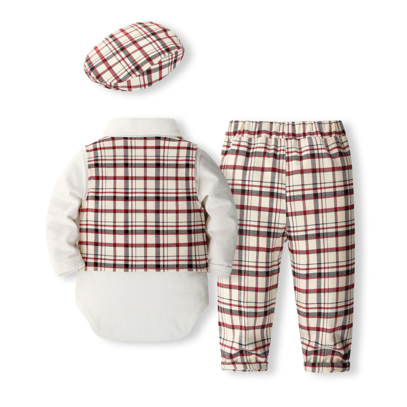 Haljina za bebu za jednu godinu, karirani prsluk, hlače, jednodijelni šešir