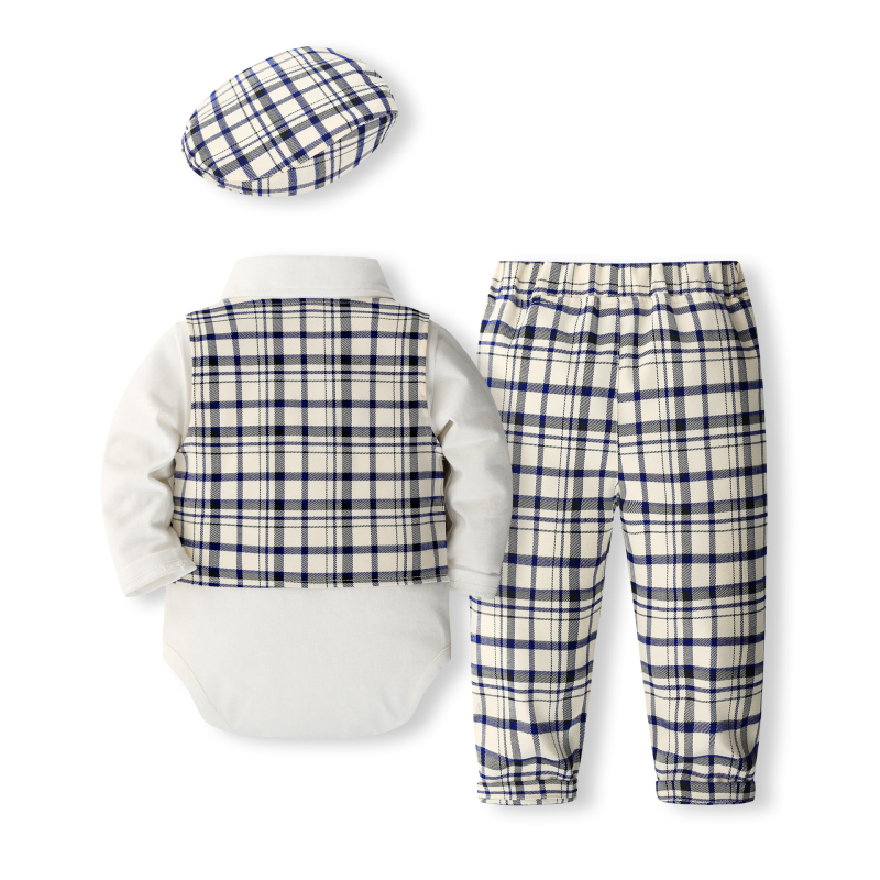 Haljina za bebu za jednu godinu, karirani prsluk, hlače, jednodijelni šešir