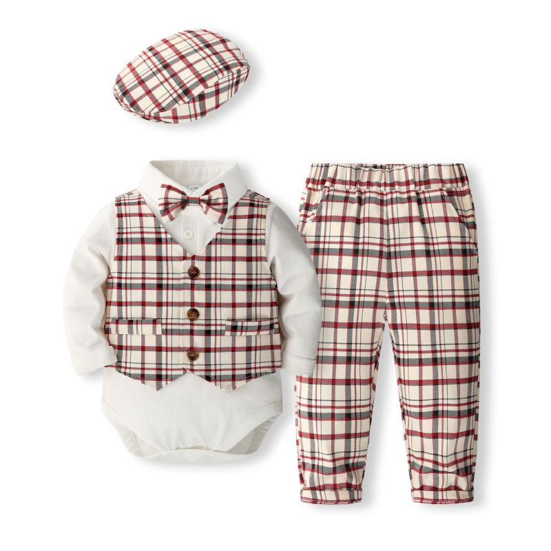 Haljina za bebu za jednu godinu, karirani prsluk, hlače, jednodijelni šešir