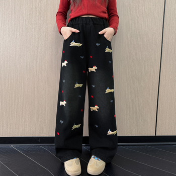 Tüdrukute kutsikateksad talvised ühes tükis sametist pluss suured laste paksud soojapidavad tänavapüksid sirged salendavad laiad säärega püksid õpilastele