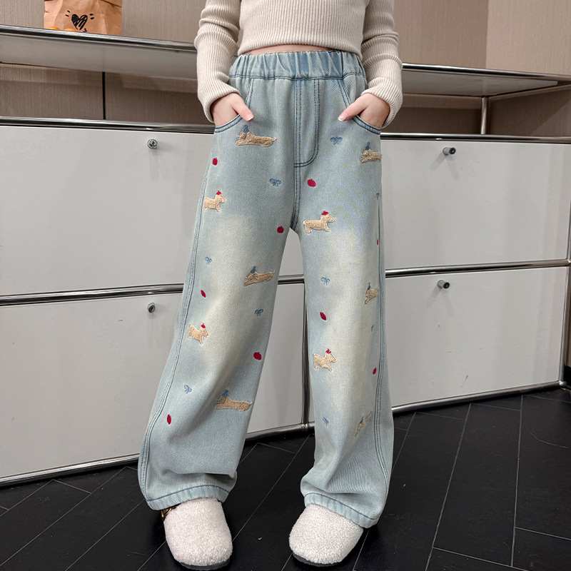 Blugi de cățeluș pentru fete, iarnă, dintr-o bucată de catifea, plus pantaloni largi pentru copii, groși, caldi, de stradă, drepți, slăbire, cu picior larg, pentru studenți
