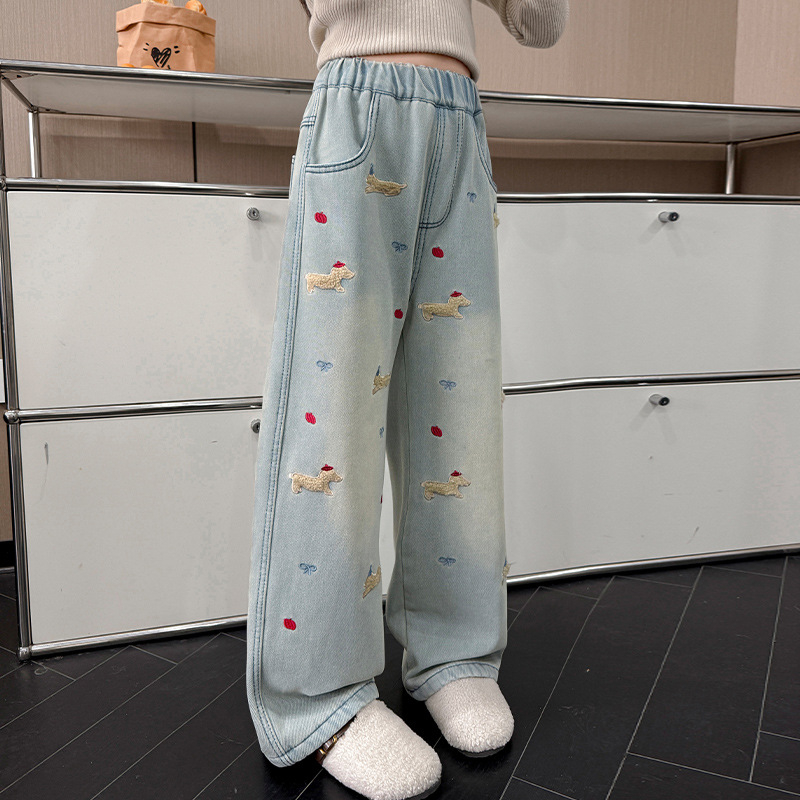 Tüdrukute kutsikateksad talvised ühes tükis sametist pluss suured laste paksud soojapidavad tänavapüksid sirged salendavad laiad säärega püksid õpilastele