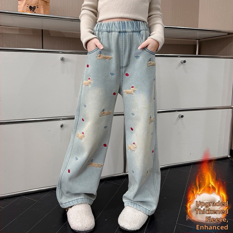 Tüdrukute kutsikateksad talvised ühes tükis sametist pluss suured laste paksud soojapidavad tänavapüksid sirged salendavad laiad säärega püksid õpilastele