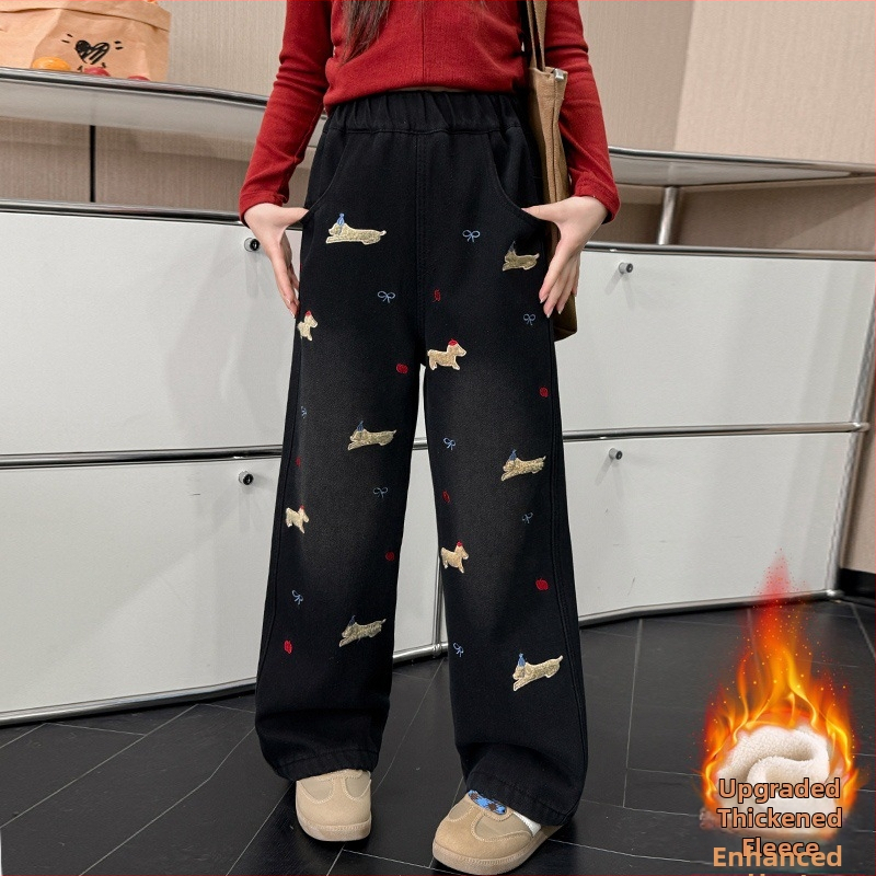 Tüdrukute kutsikateksad talvised ühes tükis sametist pluss suured laste paksud soojapidavad tänavapüksid sirged salendavad laiad säärega püksid õpilastele