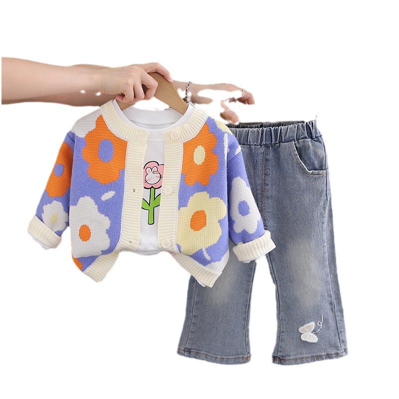Jesenné detské oblečenie pre deti, univerzálny západný štýl, módny ležérny, jednoduchý, trendy dievčenský detský kostým, trojdielna súprava