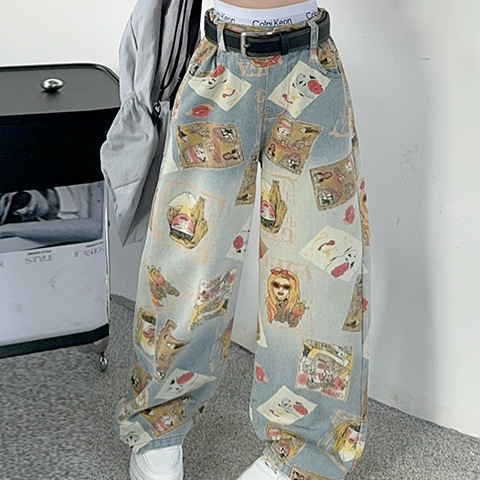 Djevojačke traper hlače širokih nogavica u američkom stilu s retro printom, novi srednji i veliki dječji tanki prsluk boje dopamina, ružičaste boje, trendi