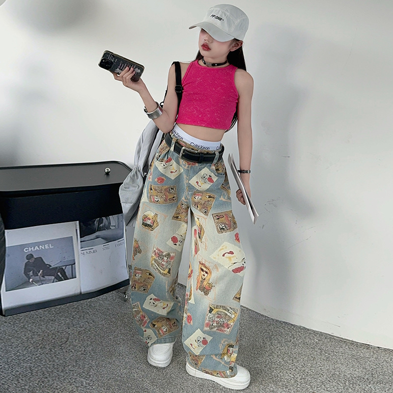 Djevojačke traper hlače širokih nogavica u američkom stilu s retro printom, novi srednji i veliki dječji tanki prsluk boje dopamina, ružičaste boje, trendi
