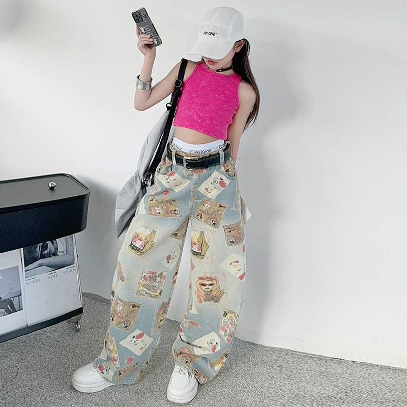 Djevojačke traper hlače širokih nogavica u američkom stilu s retro printom, novi srednji i veliki dječji tanki prsluk boje dopamina, ružičaste boje, trendi