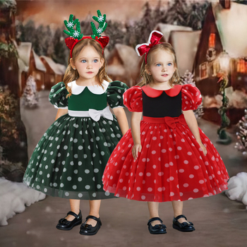 2024 Nové detské vianočné šaty s nafúknutými rukávmi, bodkované sieťované princeznovské šaty, narodeninové šaty pre jednoročné dieťa