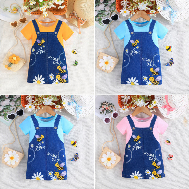 Ekskluzivno prekogranično - ljetna modna haljina za djevojčice s printom za 2024. godinu, haljina s printom "imitacija trapera" za djevojčice