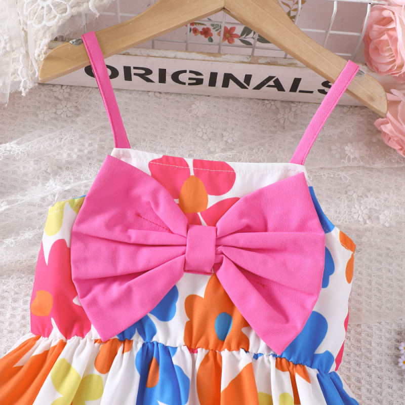 Detské oblečenie EW Foreign Trade, malé a stredne veľké detské nové dievčenské letné šaty s veľkou mašľou a kvetinovou potlačou Q1755-D