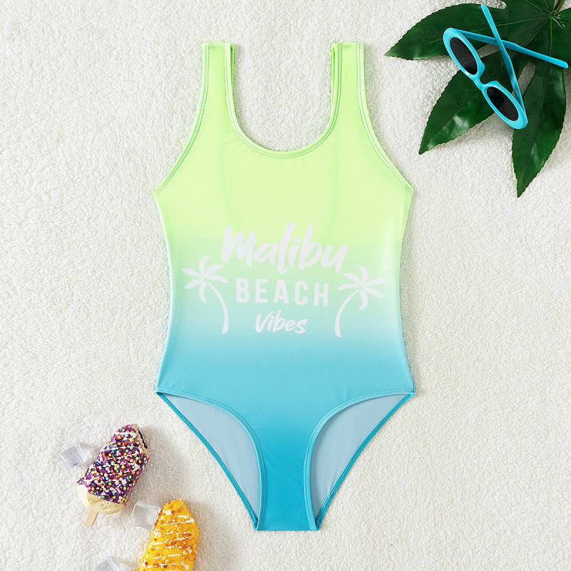 Europski i američki novi gradijentni jednodijelni kupaći kostim s printom slova, šivanjem, dječji studentski kupaći kostim 365 proizvođača na veliko