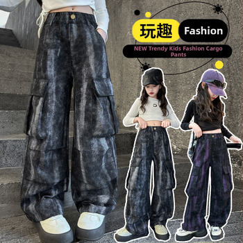 Dievčenské cargo nohavice 2025 Nové trendy štýlové batikované nohavice v kórejskom štýle, voľné nohavice, detské pouličné nohavice so širokými nohavicami
