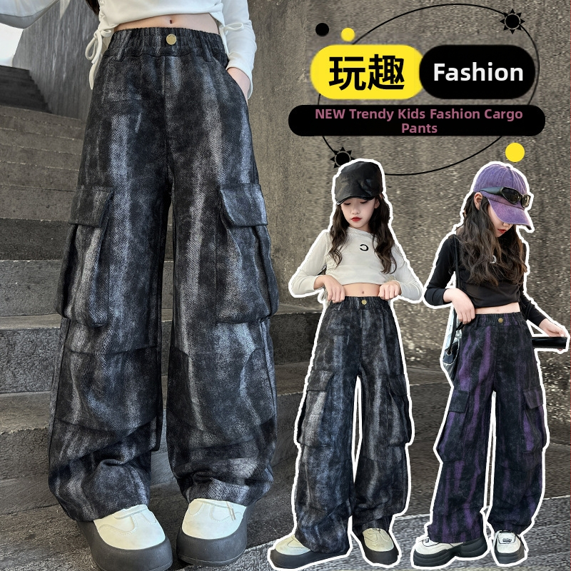 Dievčenské cargo nohavice 2025 Nové trendy štýlové batikované nohavice v kórejskom štýle, voľné nohavice, detské pouličné nohavice so širokými nohavicami