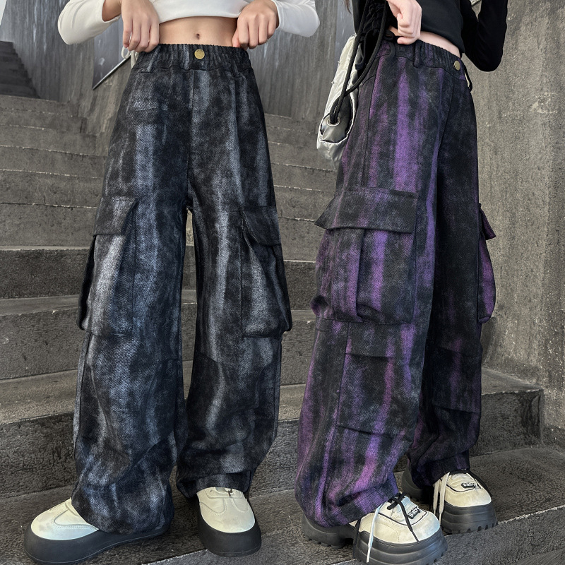Dievčenské cargo nohavice 2025 Nové trendy štýlové batikované nohavice v kórejskom štýle, voľné nohavice, detské pouličné nohavice so širokými nohavicami