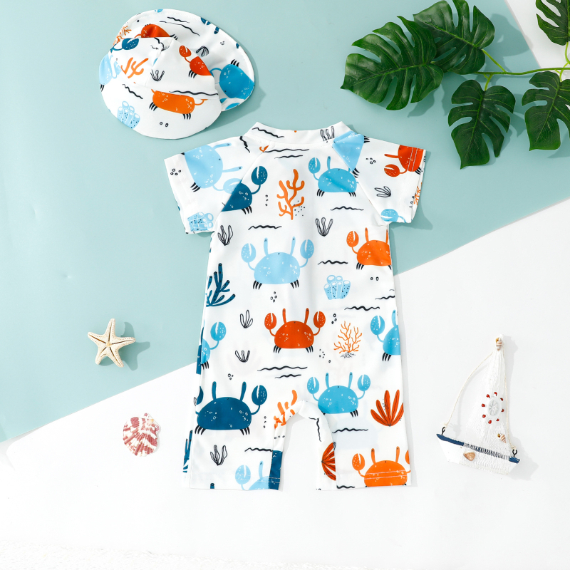 Vaikiški maudymosi kostiumėliai su trumpomis rankovėmis, animacinio rašto, pilnai spausdinti, vaikiški maudymosi kostiumėliai, kepuraitė su užtrauktuku