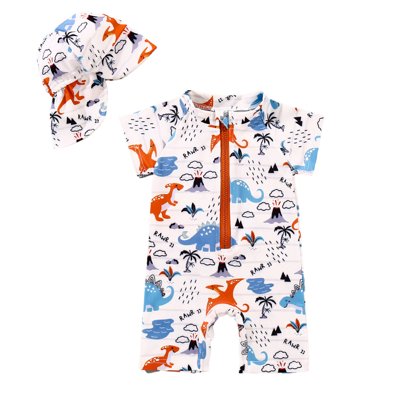 Vaikiški maudymosi kostiumėliai su trumpomis rankovėmis, animacinio rašto, pilnai spausdinti, vaikiški maudymosi kostiumėliai, kepuraitė su užtrauktuku