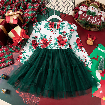 Αποκλειστική διασυνοριακή προμήθεια νέων κοριτσιών για το φθινόπωρο και τον χειμώνα του 2025, φόρεμα με μακριά μανίκια και στάμπα με στρογγυλή λαιμόκοψη, χριστουγεννιάτικο φόρεμα για πάρτι
